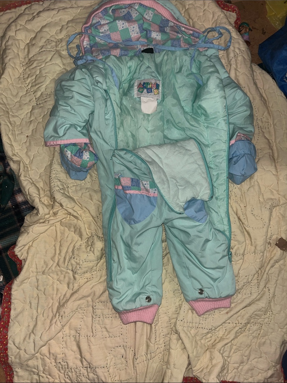Vtg 90s Alpine Way Pastel Mint Green Snowsuit 18M Geometric Baby Girl Bunting